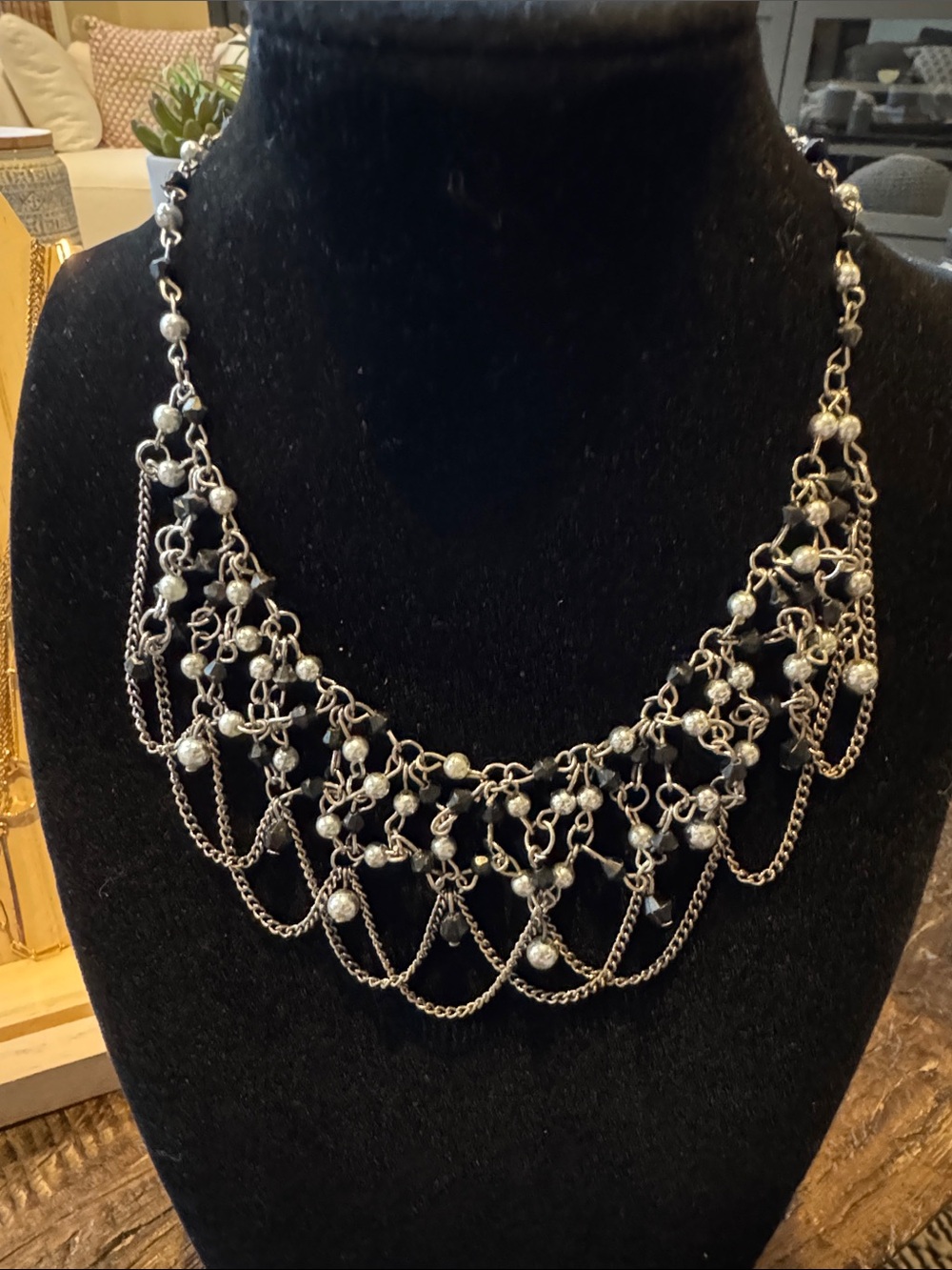 Vintage Silver-Tone Beaded Chain Bib Necklace